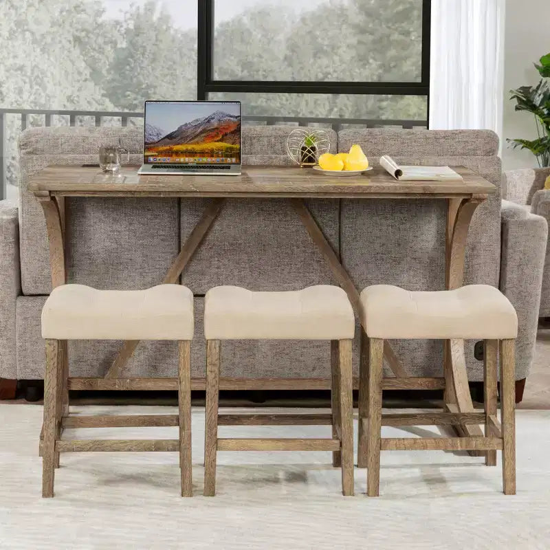 JVNOXK Ensemble table de bar 4 pièces avec prise électrique, table de bar et chaises, ensemble table de bar avec 3 tabourets rembourrés pour salon, marron