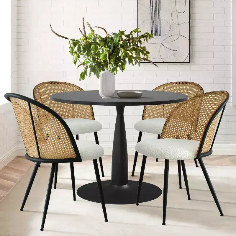 5-Piece Round Dining Table Set for 4, Dining Room Set with 4 Boucle Fabric Mesh Rattan Backrest Dining Chair, Indoor Furniture-Panipeachy