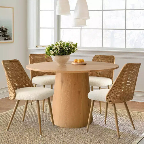 5-Piece Round Dining Table Set, 46 Pedestal Table with 4 Rattan Back Boucle Upholstered Chairs, Coastal Farmhouse Dining Room Set-Panipeachy