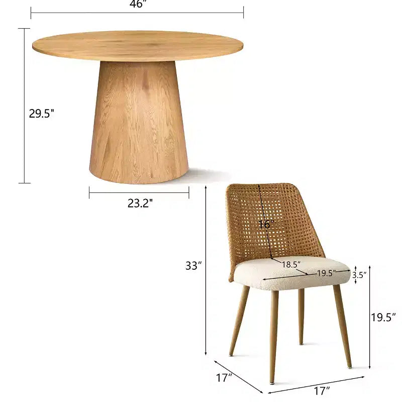 Ensemble de salle à manger rond 5 pièces, table à piédestal de 117 cm avec 4 chaises en rotin et tissu bouclé, ensemble de salle à manger style ferme côtière - Panipeachy