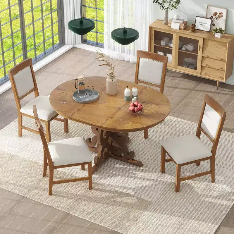 Ensemble de table de cuisine style ferme pour 4 personnes, table à manger ronde extensible en bois et 4 chaises rembourrées, ensemble de salle à manger rétro pour cuisine