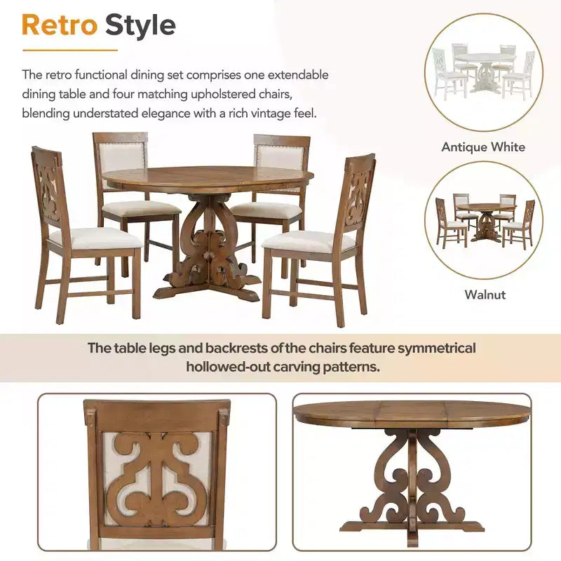 Ensemble de table de cuisine style ferme pour 4 personnes, table à manger ronde extensible en bois et 4 chaises rembourrées, ensemble de salle à manger rétro pour cuisine