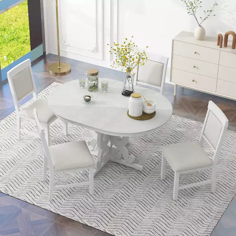 Ensemble de table de cuisine style ferme pour 4 personnes, table à manger ronde extensible en bois et 4 chaises rembourrées, ensemble de salle à manger rétro pour cuisine