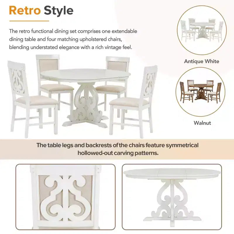 Ensemble de table de cuisine style ferme pour 4 personnes, table à manger ronde extensible en bois et 4 chaises rembourrées, ensemble de salle à manger rétro pour cuisine