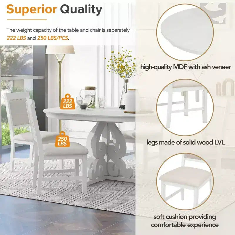 Ensemble de table de cuisine style ferme pour 4 personnes, table à manger ronde extensible en bois et 4 chaises rembourrées, ensemble de salle à manger rétro pour cuisine