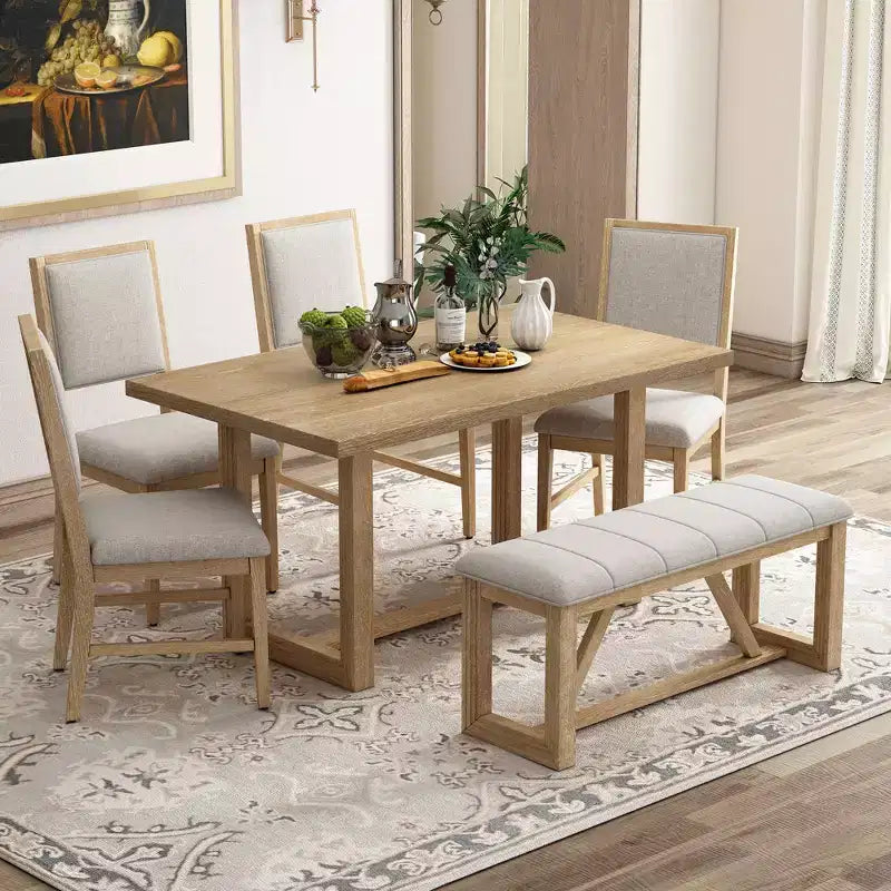 Ensemble de salle à manger rustique 6 pièces pour 5 personnes, table rectangulaire avec piètement trapézoïdal, 4 chaises rembourrées et banc pour salle à manger