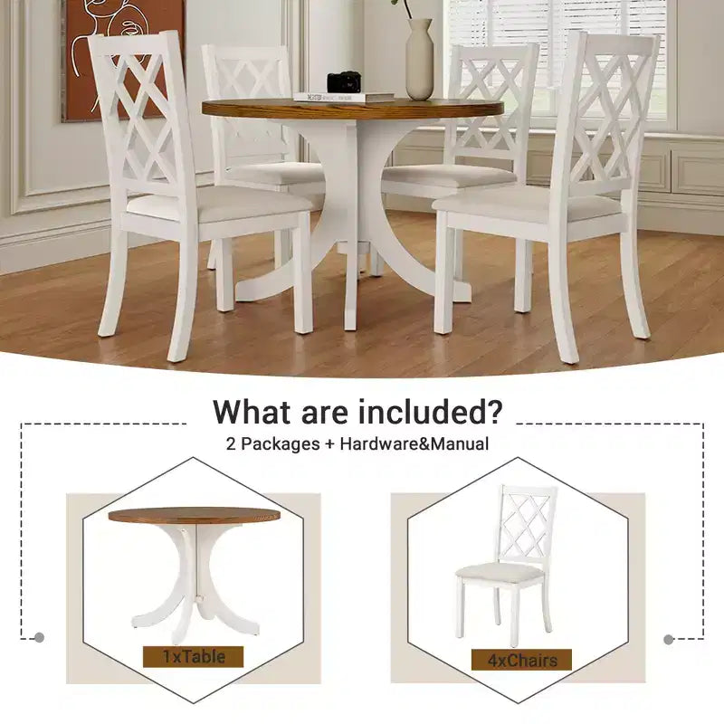 Ensemble de salle à manger 5 pièces de style ferme pour 4 personnes, table de cuisine ronde en bois avec 4 chaises rembourrées