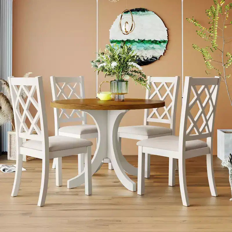 Ensemble de salle à manger 5 pièces de style ferme pour 4 personnes, table de cuisine ronde en bois avec 4 chaises rembourrées