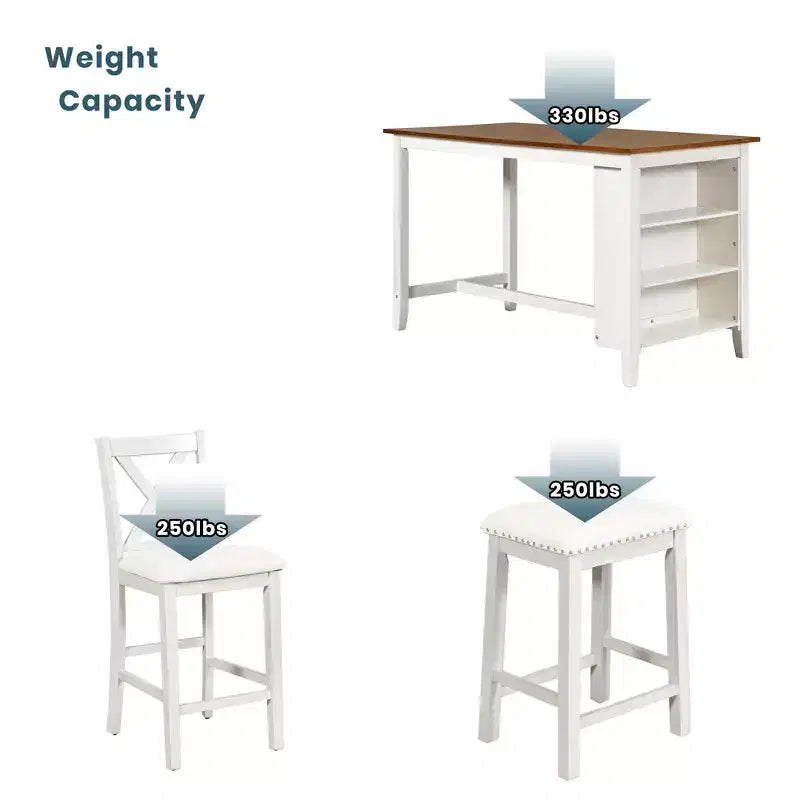 Ensemble de salle à manger à hauteur de comptoir pour 4 personnes, table de bar en bois avec étagère de rangement et 2 tabourets et 2 chaises pour petits espaces