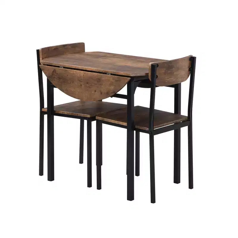 Ensemble de table à manger ronde 3 pièces avec rallonge à abattant, ensemble de cuisine style industriel avec 2 chaises pour petits espaces, brun rustique