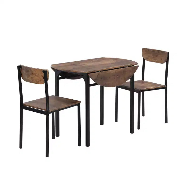 Ensemble de table à manger ronde 3 pièces avec rallonge à abattant, ensemble de cuisine style industriel avec 2 chaises pour petits espaces, brun rustique