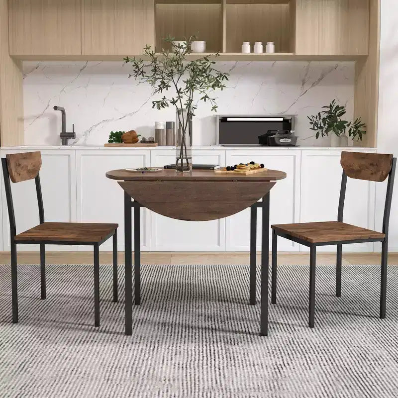 Ensemble de table à manger ronde 3 pièces avec rallonge à abattant, ensemble de cuisine style industriel avec 2 chaises pour petits espaces, brun rustique