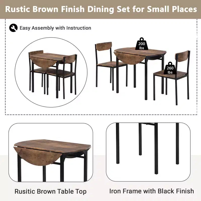 Ensemble de table à manger ronde 3 pièces avec rallonge à abattant, ensemble de cuisine style industriel avec 2 chaises pour petits espaces, brun rustique