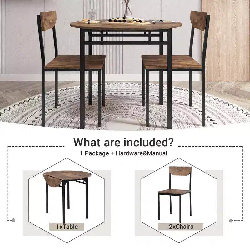 Ensemble de table à manger ronde 3 pièces avec rallonge à abattant, ensemble de cuisine style industriel avec 2 chaises pour petits espaces, brun rustique
