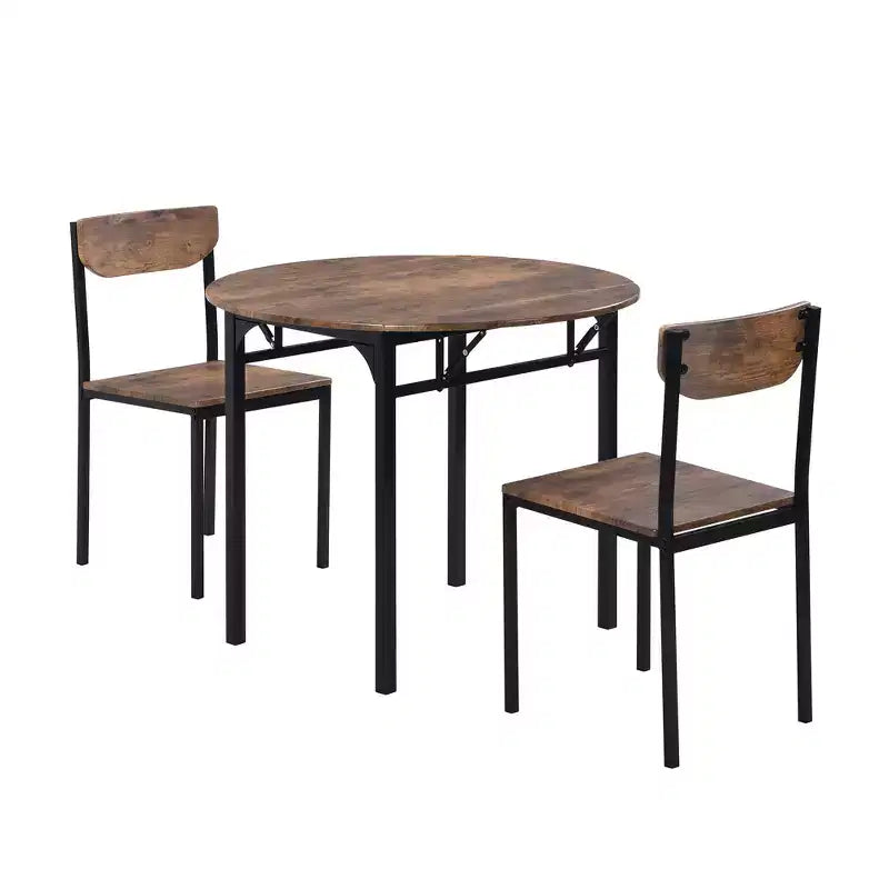 Ensemble de table à manger ronde 3 pièces avec rallonge à abattant, ensemble de cuisine style industriel avec 2 chaises pour petits espaces, brun rustique