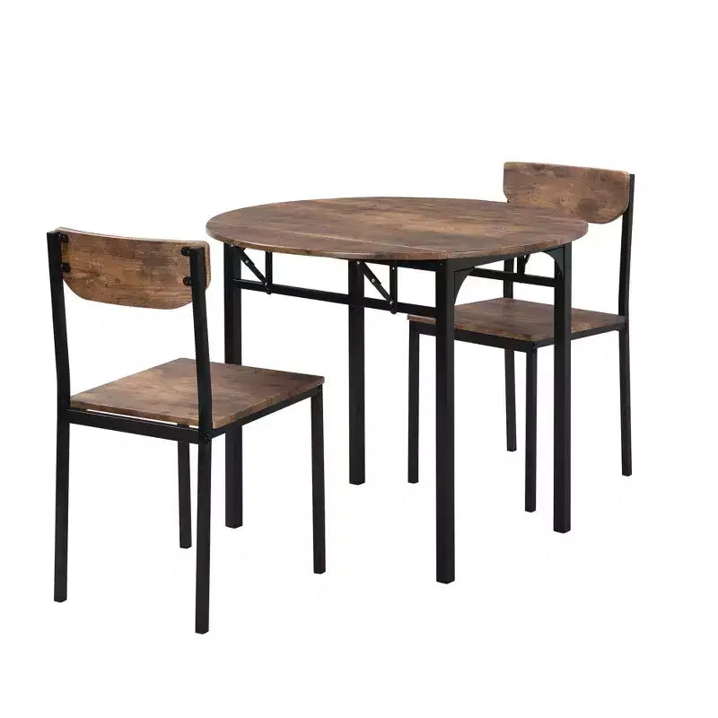 Ensemble de table à manger ronde 3 pièces avec rallonge à abattant, ensemble de cuisine style industriel avec 2 chaises pour petits espaces, brun rustique