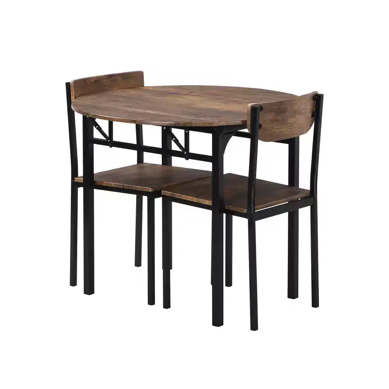 Ensemble de table à manger ronde 3 pièces avec rallonge à abattant, ensemble de cuisine style industriel avec 2 chaises pour petits espaces, brun rustique