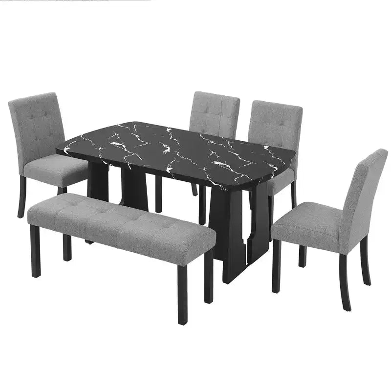 Ensemble de salle à manger moderne 6 pièces Griffin de GDFStudio avec table en faux marbre de 63 po, 4 chaises et 1 banc