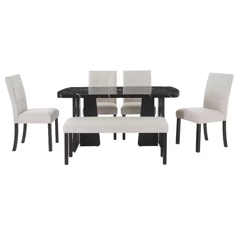 Ensemble de salle à manger moderne 6 pièces Griffin de GDFStudio avec table en faux marbre de 63 po, 4 chaises et 1 banc