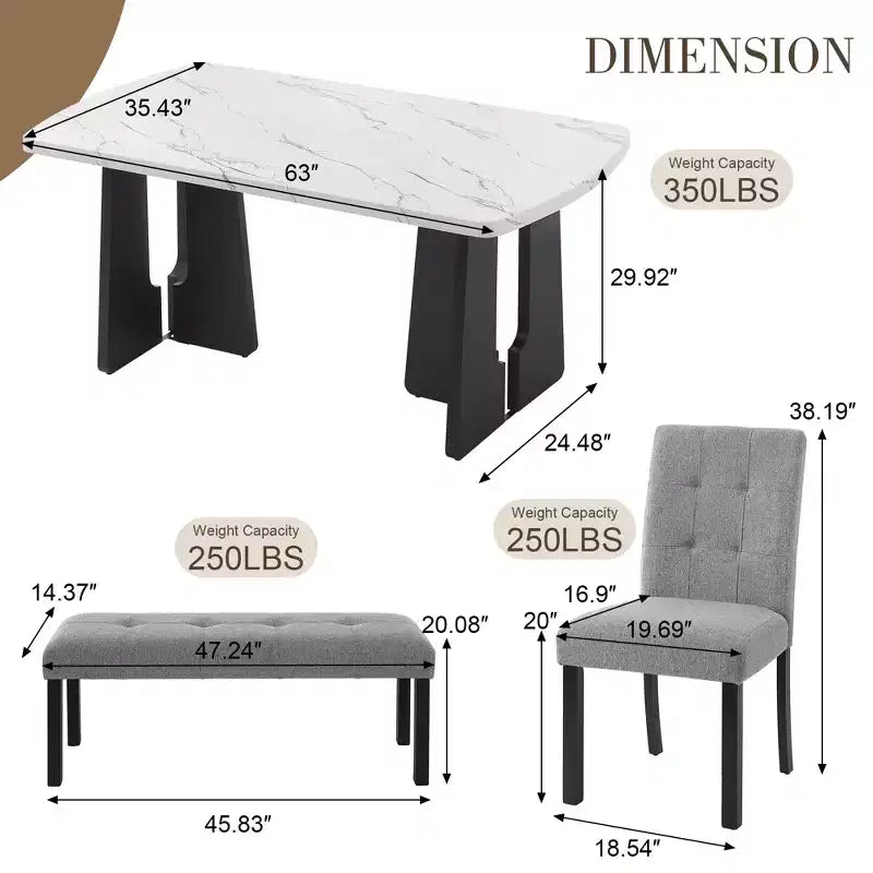 Ensemble de salle à manger moderne 6 pièces Griffin de GDFStudio avec table en faux marbre de 63 po, 4 chaises et 1 banc