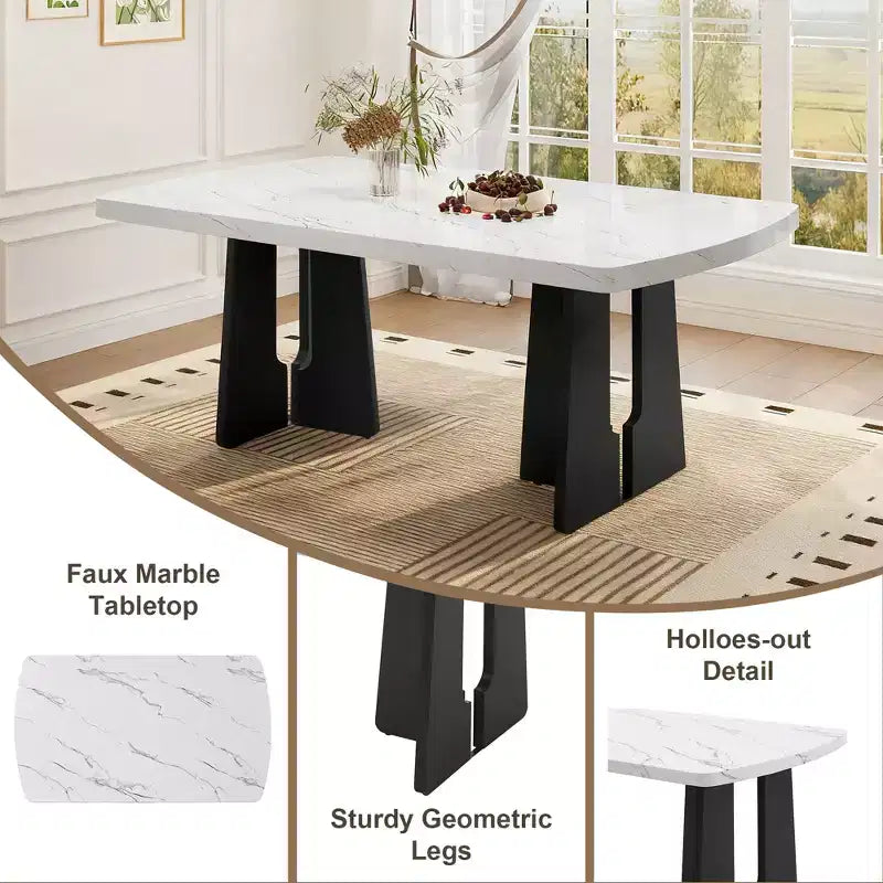 Ensemble de salle à manger moderne 6 pièces Griffin de GDFStudio avec table en faux marbre de 63 po, 4 chaises et 1 banc