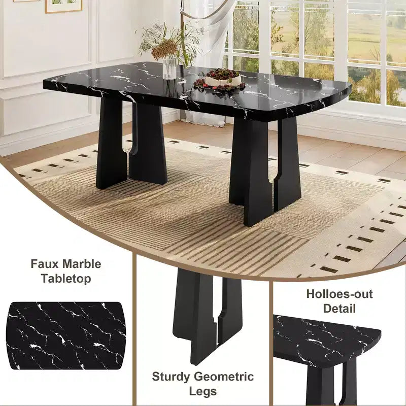 Ensemble de salle à manger moderne 6 pièces Griffin de GDFStudio avec table en faux marbre de 63 po, 4 chaises et 1 banc