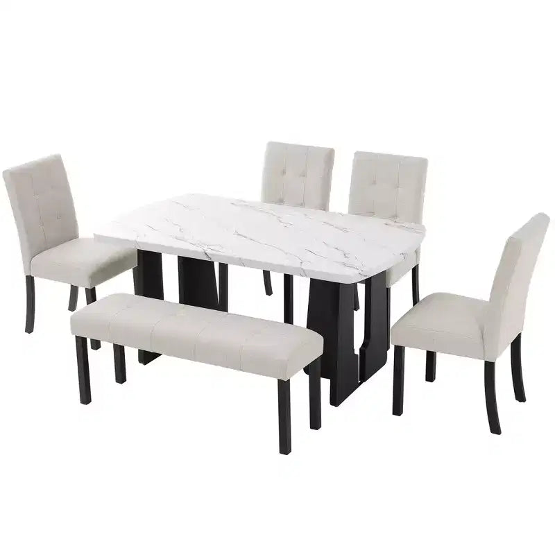 Ensemble de salle à manger moderne 6 pièces Griffin de GDFStudio avec table en faux marbre de 63 po, 4 chaises et 1 banc