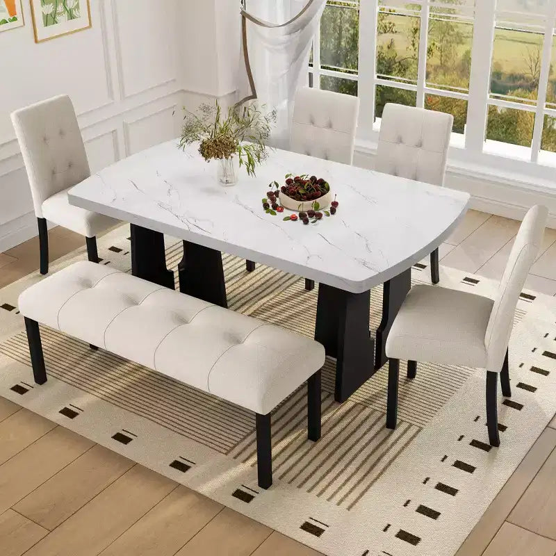 Ensemble de salle à manger moderne 6 pièces Griffin de GDFStudio avec table en faux marbre de 63 po, 4 chaises et 1 banc