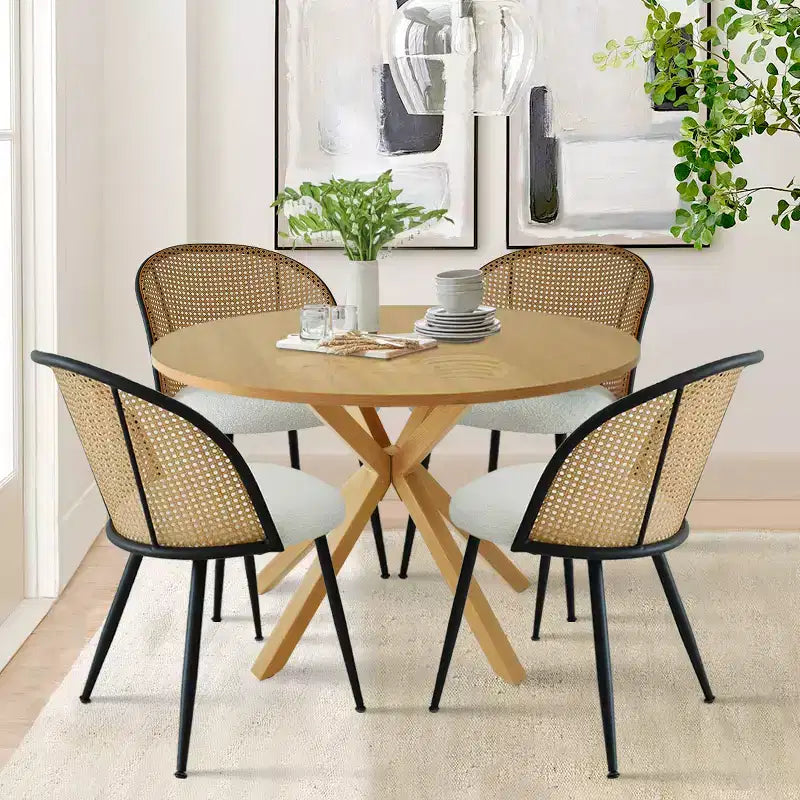 Ensemble de salle à manger moderne pour 4 personnes, table à pied central gain de place avec chaises tapissées en bouclé, dossier en rotin tressé, pour appartement - Panipeachy