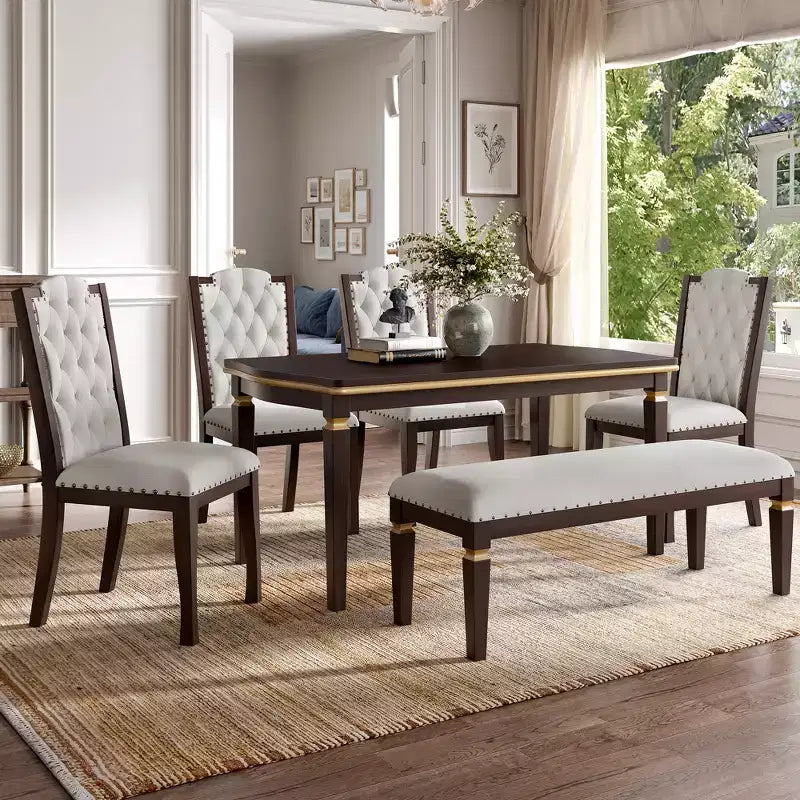 Ensemble de salle à manger 6 pièces GDFStudio Mathis avec table rectangulaire de 60 po, 4 chaises capitonnées à dossier haut et 1 banc
