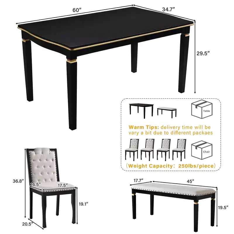 Ensemble de salle à manger 6 pièces GDFStudio Mathis avec table rectangulaire de 60 po, 4 chaises capitonnées à dossier haut et 1 banc