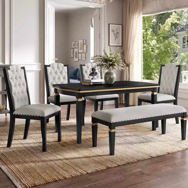 GDFStudio Mathis 6-Piece Dining Table Set with 60 Rectangular Table and 4 High-Back Tufted Chairs & 1 Bench