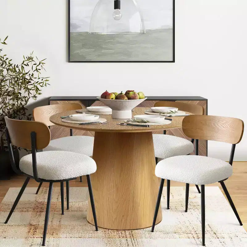 Ensemble de salle à manger rond 5 pièces, table à piédestal en chêne de 42 po avec 4 chaises rembourrées en bouclé, dossiers en bois de frêne et pieds en métal - Panipeachy