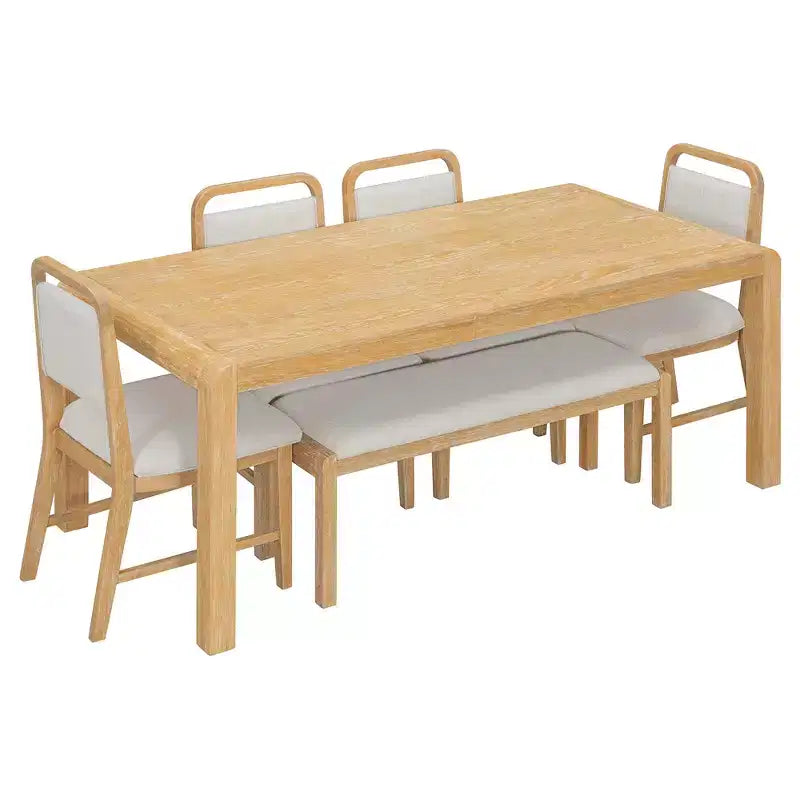 Ensemble de salle à manger vintage extensible pour 6 personnes avec 4 chaises rembourrées et un banc, table de cuisine rustique brossée à la main avec design incurvé
