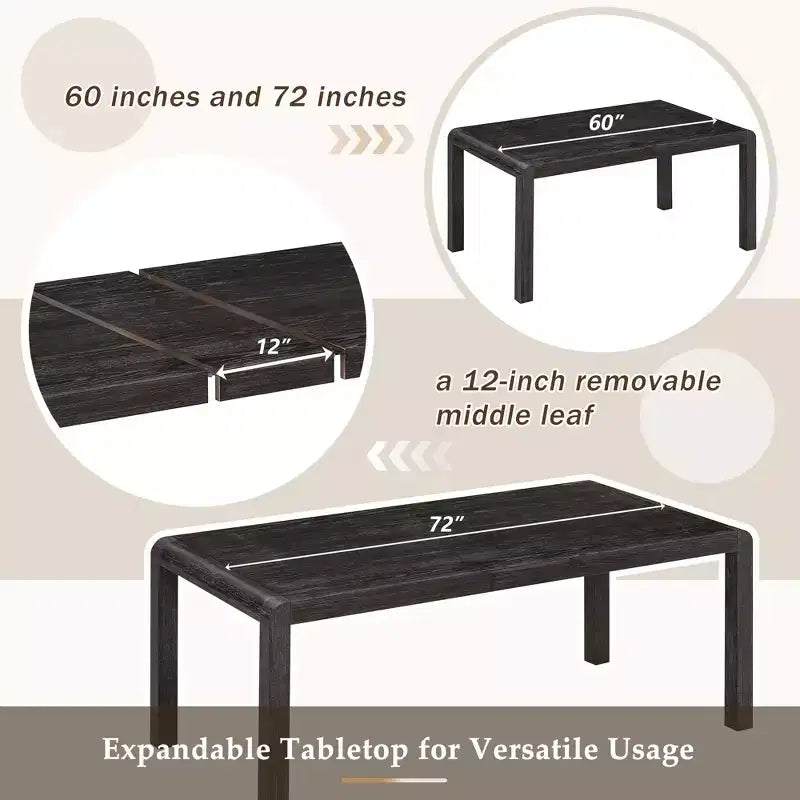 Ensemble de salle à manger vintage extensible pour 6 personnes avec 4 chaises rembourrées et un banc, table de cuisine rustique brossée à la main avec design incurvé