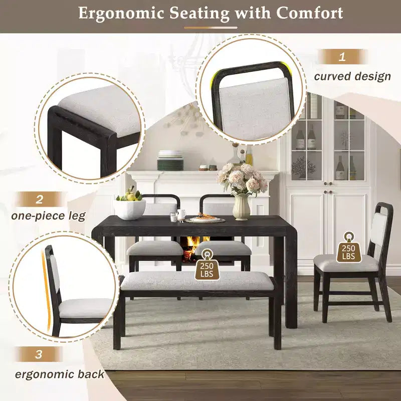 Ensemble de salle à manger vintage extensible pour 6 personnes avec 4 chaises rembourrées et un banc, table de cuisine rustique brossée à la main avec design incurvé