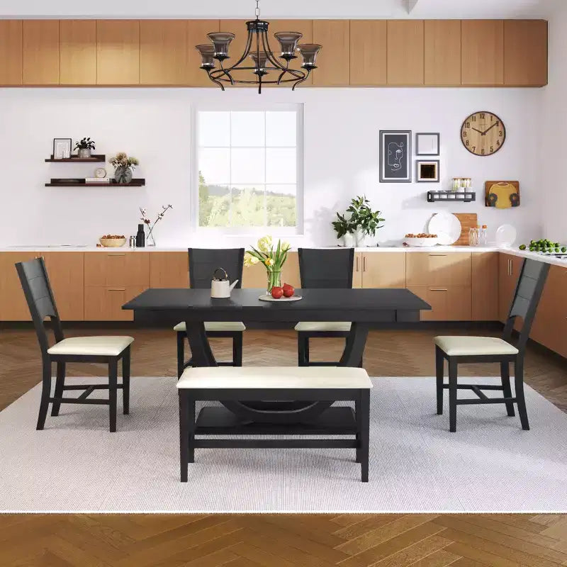 Ensemble de salle à manger 6 pièces pour 6 personnes, ensemble de table de cuisine familiale avec chaises de salle à manger et banc rembourrés ergonomiques - ModernLuxe