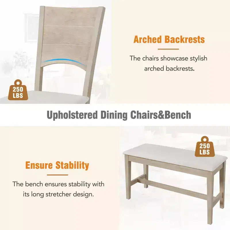 Ensemble de salle à manger 6 pièces pour 6 personnes, ensemble de table de cuisine familiale avec chaises de salle à manger et banc rembourrés ergonomiques - ModernLuxe