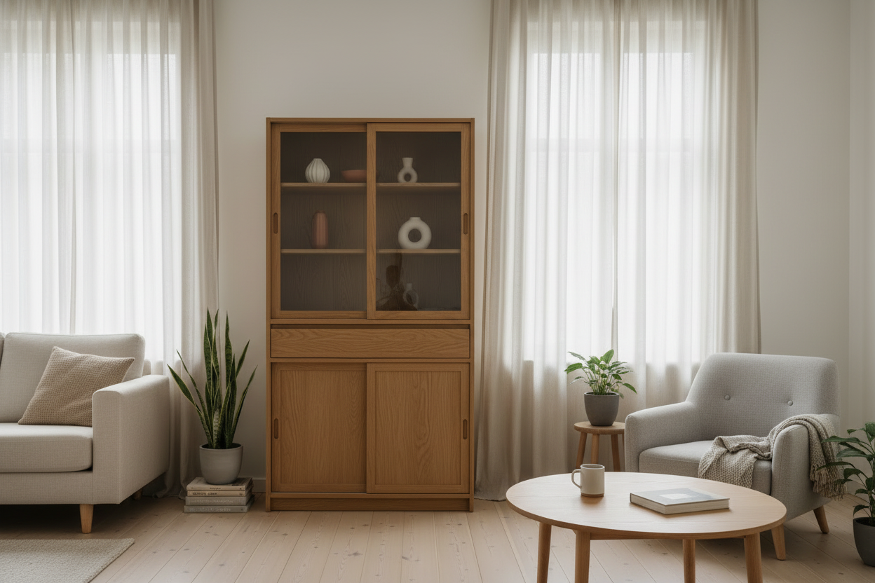 Solid Oak Tall Cupboard - Wide Scene